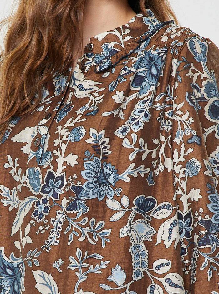Botanical Floral Print Collared Blouse: Blue Multi / L