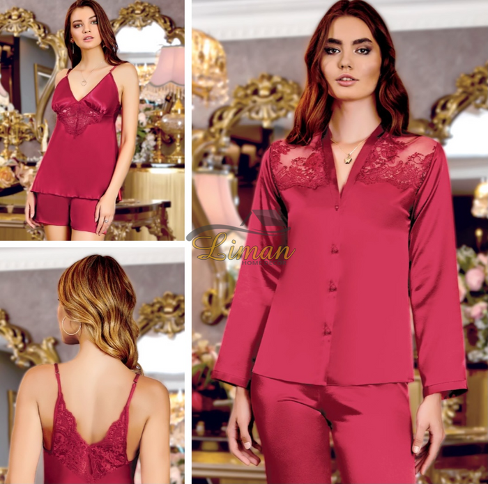 Liman Home Decor - Liman Online Jeremi Satijn Lingerieset 6 Delig Bordo