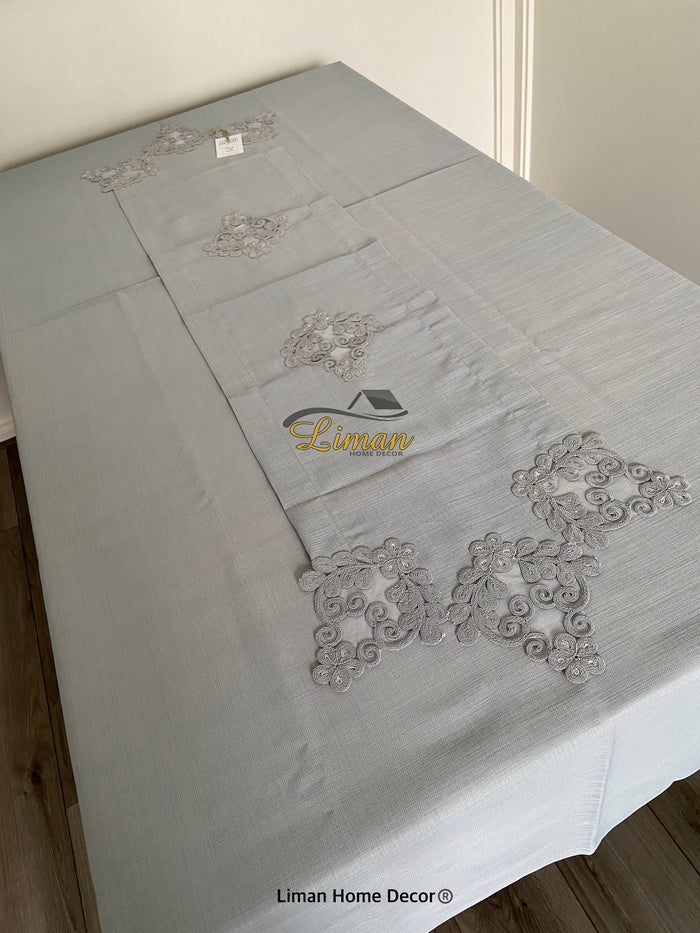 Liman Home Decor - Liman Online Sehzade Tafelkleed Set Met Placemat Grijs 34 Dlg
