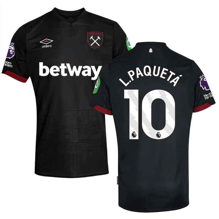 Umbro West Ham Lucas Paquetá Away Jersey w/ EPL + No Room For Racism Patches 24/25 (Black) | SoccerWearhouse