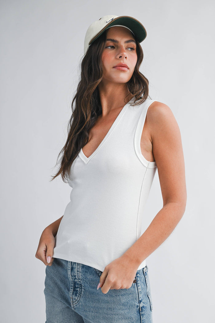 8489HK Ribbed V-Neck Tank Top: White / Contemporary / L