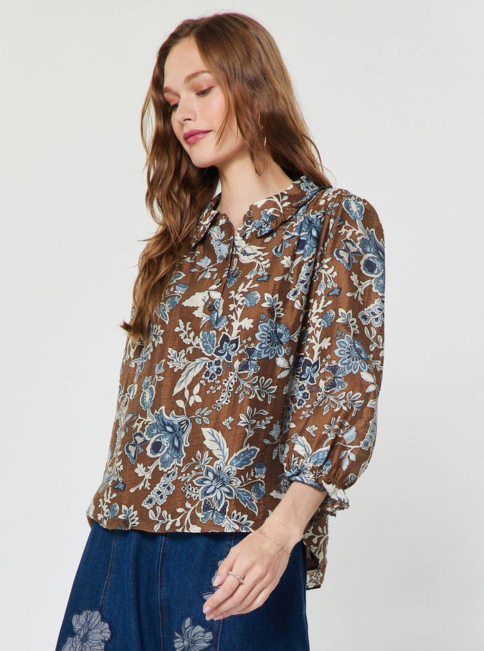 Botanical Floral Print Collared Blouse: Blue Multi / L