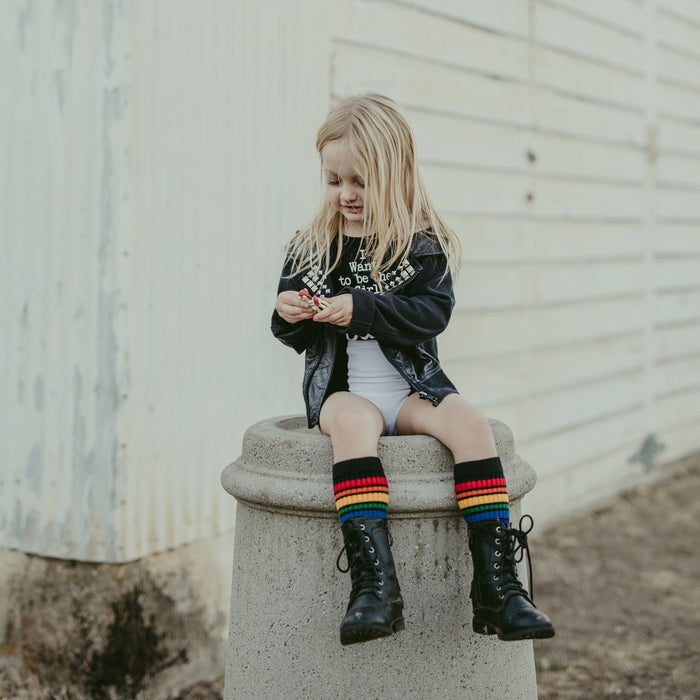 Lifestyle image of Brave rainbow toddler socks