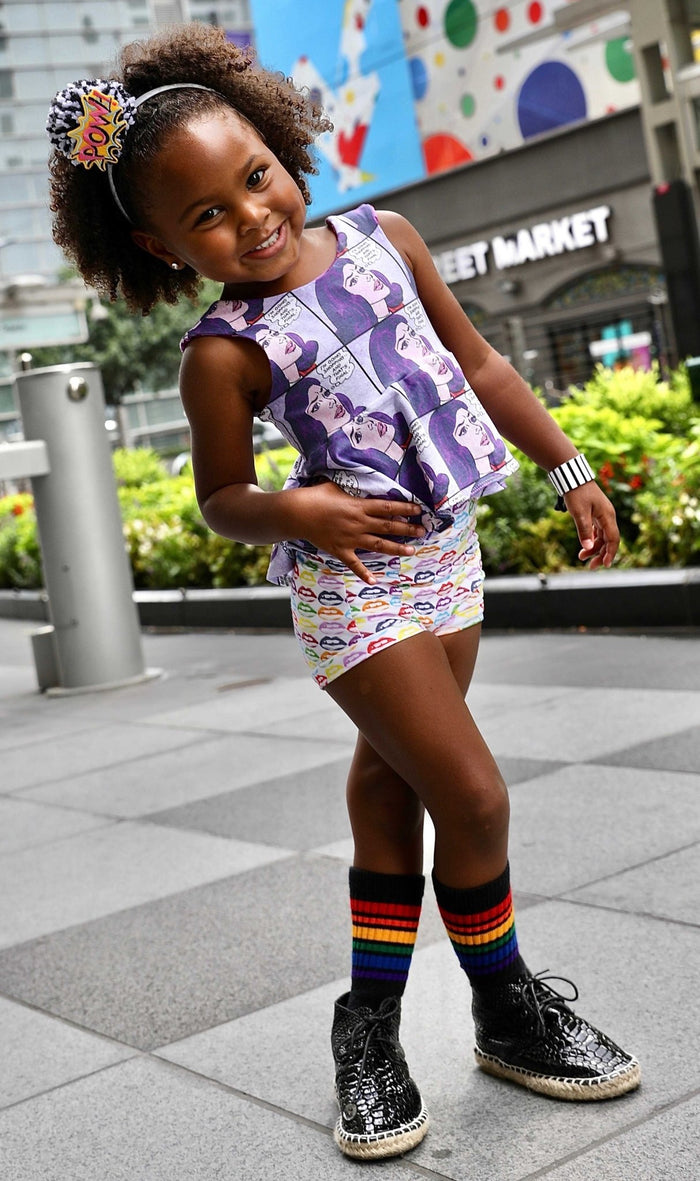 Brave rainbow kids tube socks with retro rainbow stripes