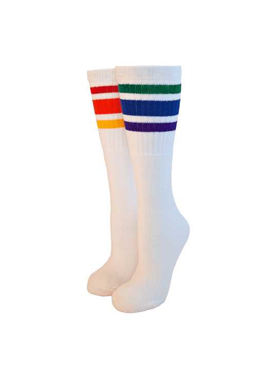 Courage rainbow under the knee tube socks with rainbow stripe pattern