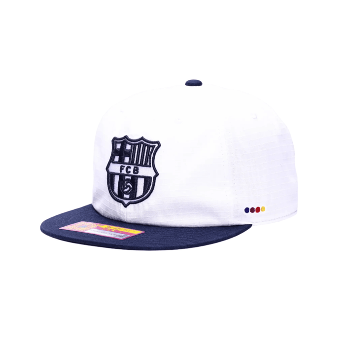 Fan Ink FC Barcelona Swingman Wax Snapback Adjustable Hat (White/Navy) | SoccerWearhouse