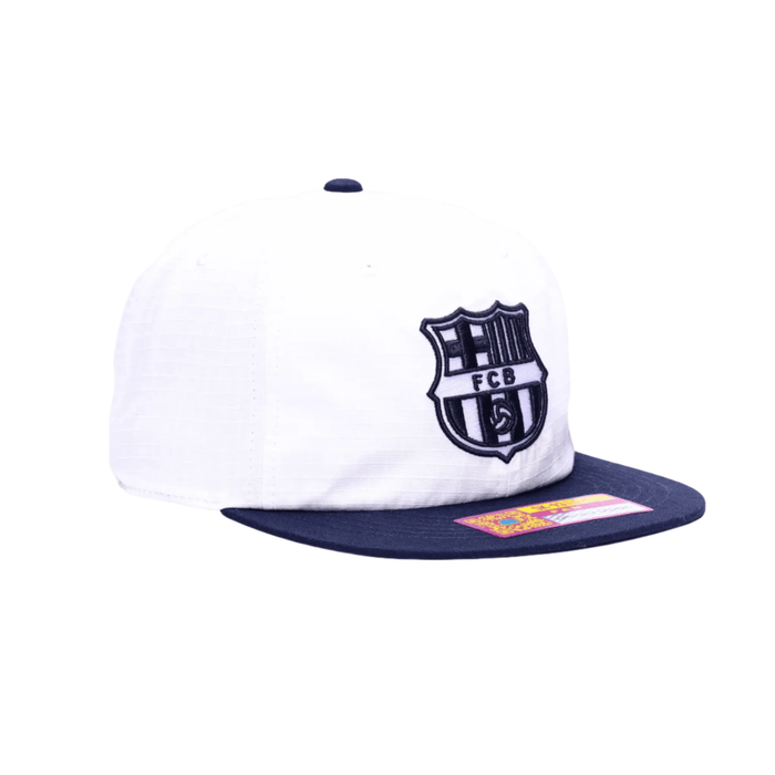 Fan Ink FC Barcelona Swingman Wax Snapback Adjustable Hat (White/Navy) | SoccerWearhouse