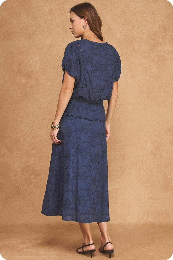 Floral Embroidery Cotton Skirt Top Set: Navy