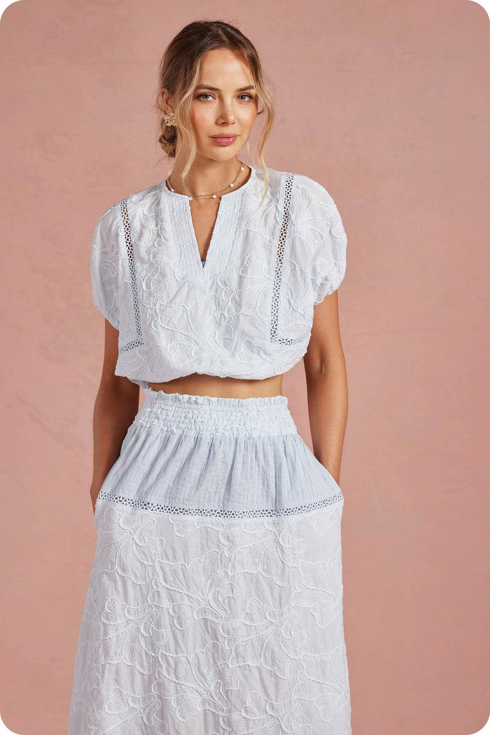 Floral Embroidery Cotton Skirt Top Set: Navy