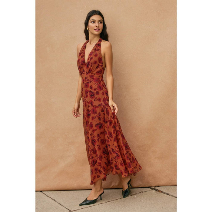 Floral Open Back Drop Waist Halter Dress