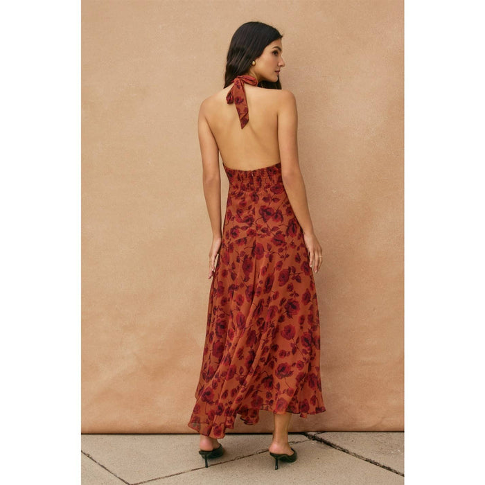Floral Open Back Drop Waist Halter Dress