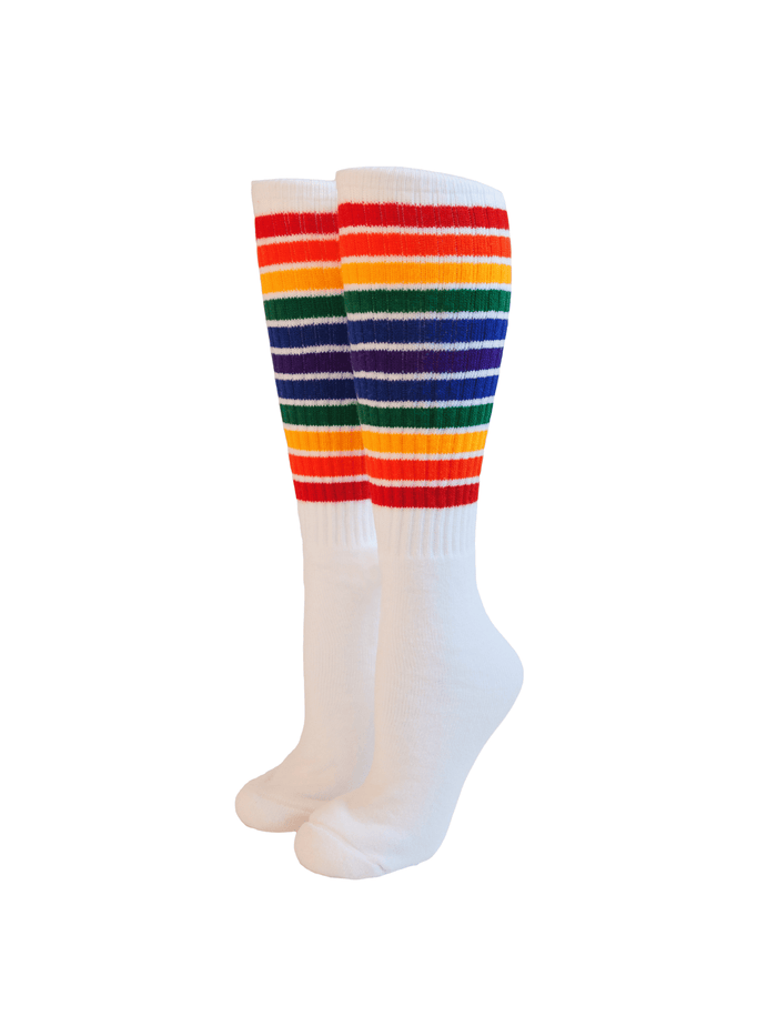 Freedom rainbow knee high tube socks with colorful retro rainbow stripes