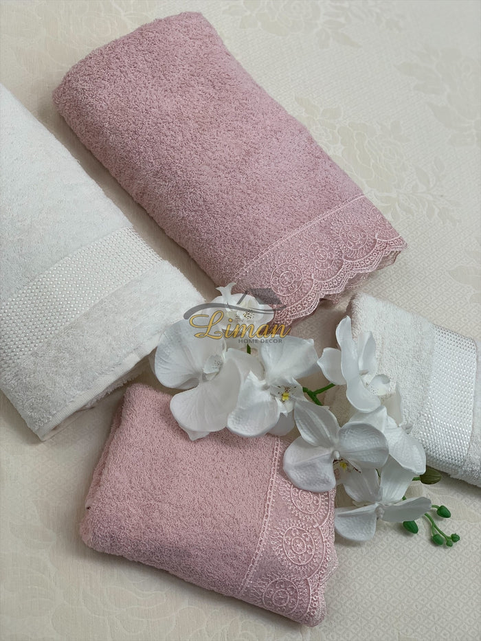 IPEKCE Ipekce Beril Handdoek set 4 Dlg Cream / Roze