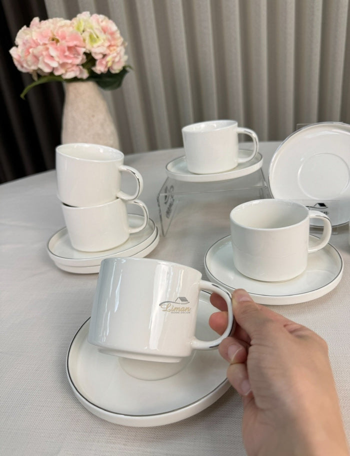 Liman Home Decor - Liman Online Koffieset 12 Delig | 6 Persoons Wit - Zilver