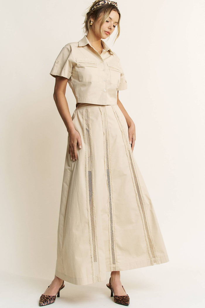 LACE TRIM BUTTON DOWN SHIRT AND MAXI SKIRT SET - HESET0032: SAND / L