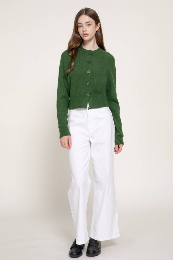Long Sleeve Round Neck Button Down Sweater Cardigan: GRN-dark green / L