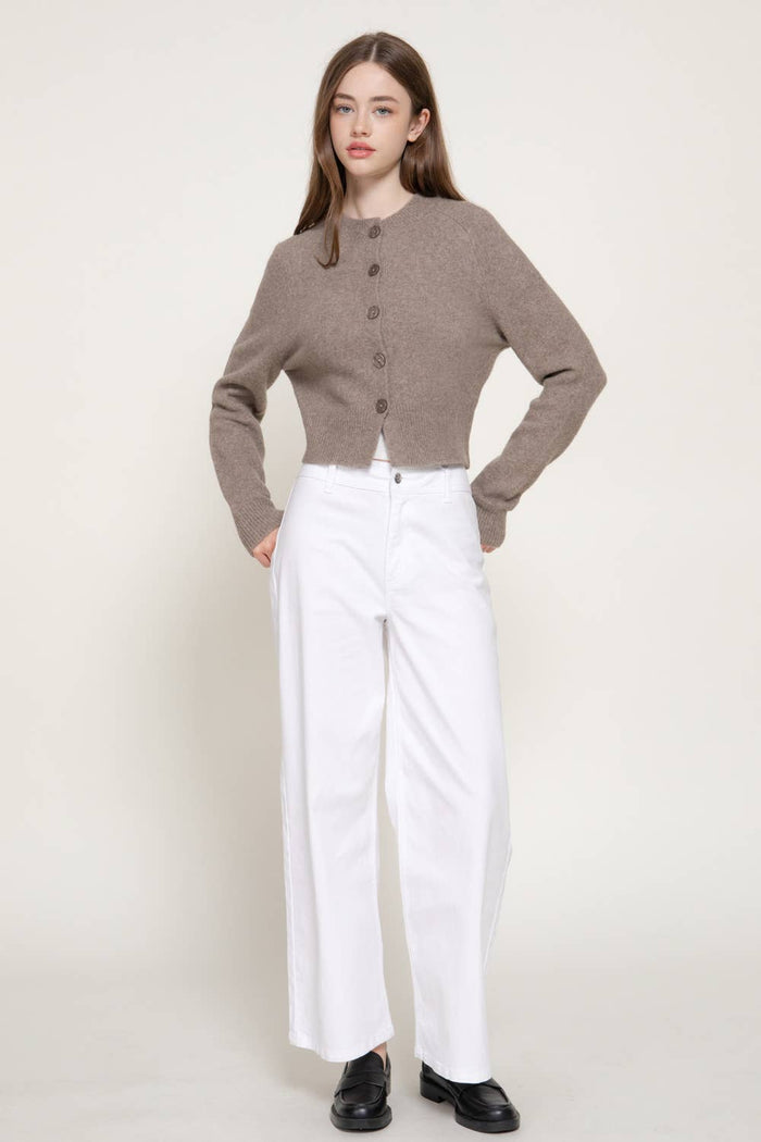 Long Sleeve Round Neck Button Down Sweater Cardigan: GRN-dark green / L