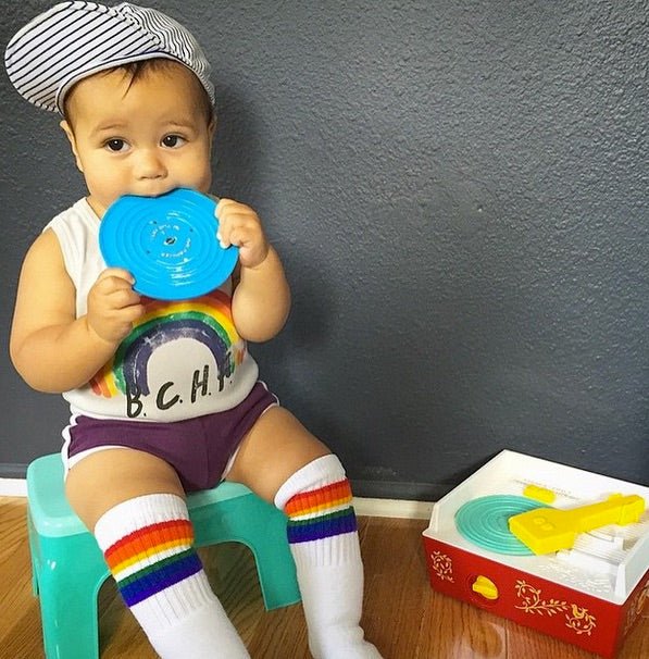 Baby wearing Love rainbow striped tube socks