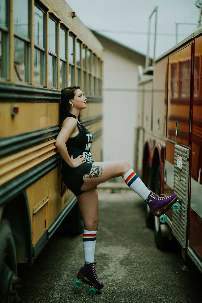 Close-up of Love rainbow under the knee tube socks