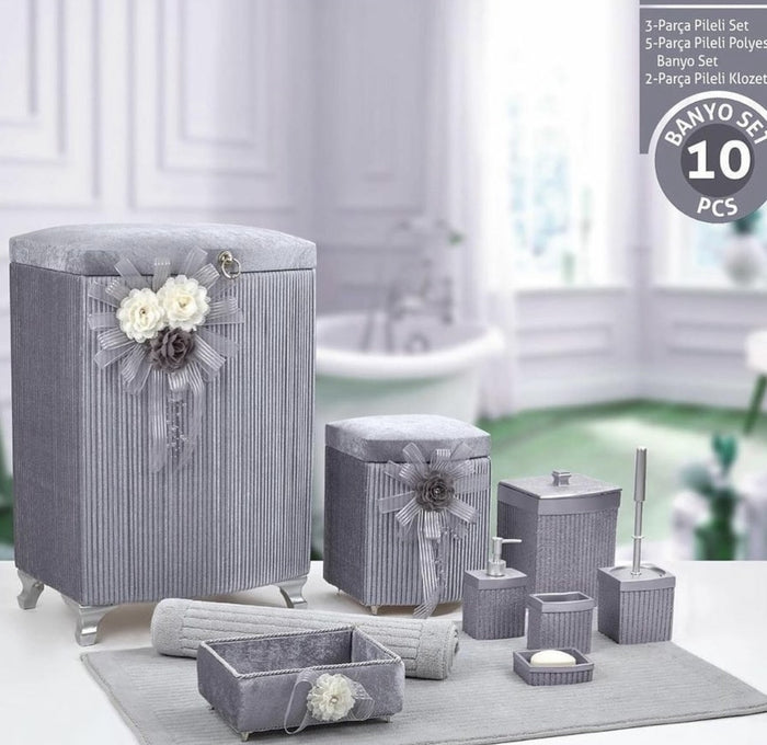 Liman Home Decor - Liman Online Pileli 10 Delig Wasmandset + Badset Grijs