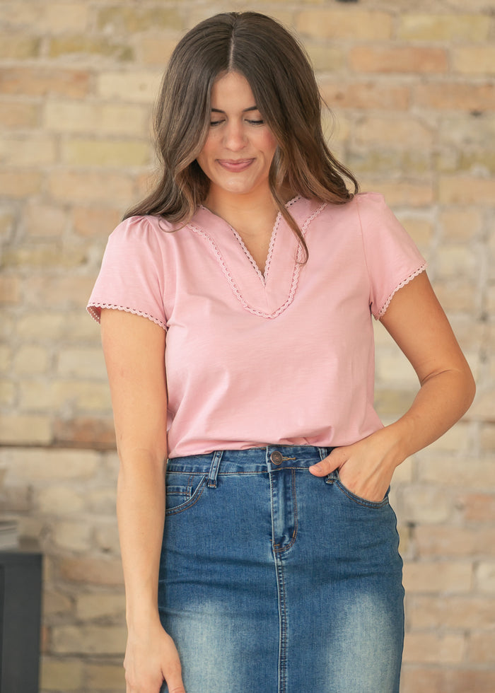 Pink Scalloped Detail V Neck Top FF Tops