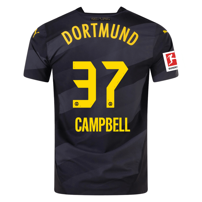 Puma Borussia Dortmund Authentic Cole Campbell Away Jersey w/ Bundesliga Patch 24/25 (Puma Black/Faster Yellow) | SoccerWearhouse