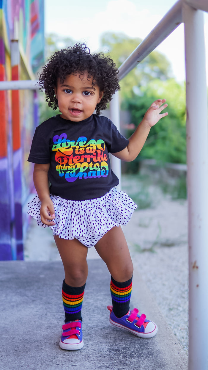 Lifestyle image of rainbow toddler socks 6 pack