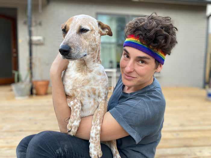 Ready Set Glow by Pride Socks worn by proud dog mom.