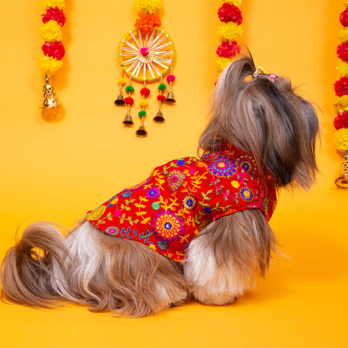 Red Phoolwari Dog Sherwani  - Royal Dog Wedding Outfit