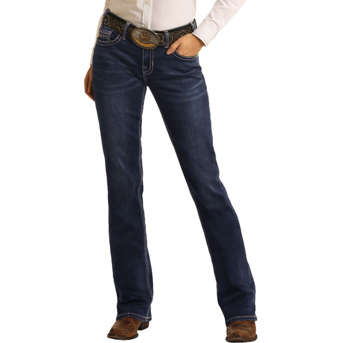 Rock & Roll Denim Ladies Mid Rise Extra Stretch Bootcut Riding Jeans- Dark Wash