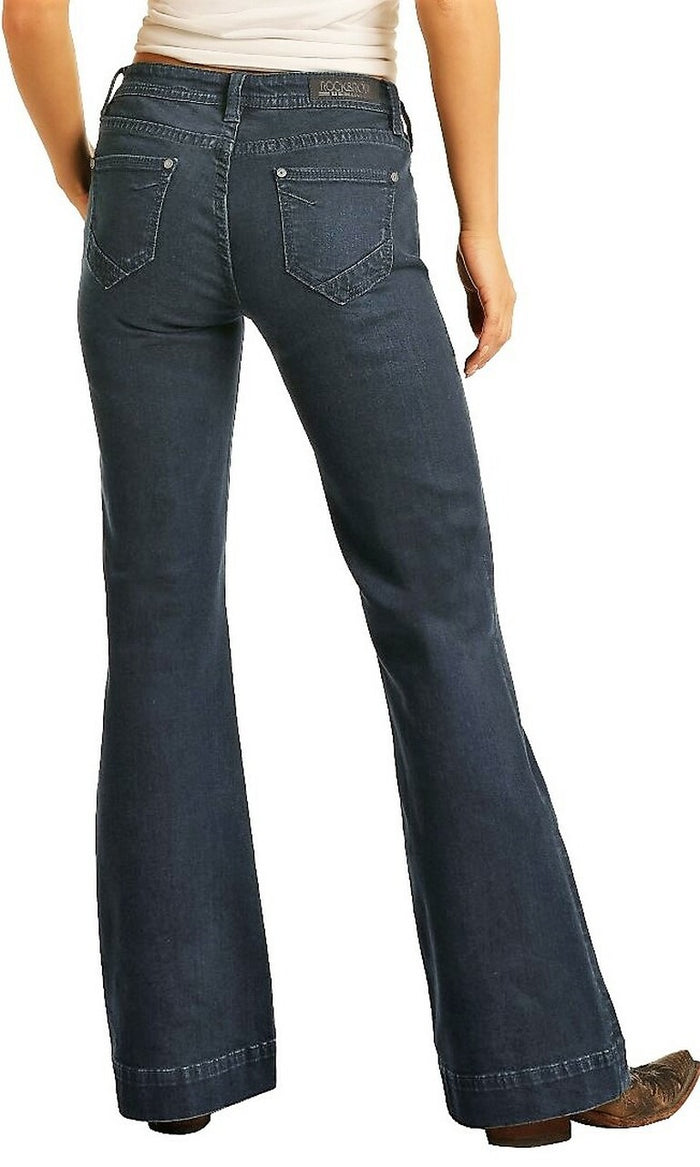 Rock & Roll Denim Ladies Mid Rise Extra Stretch Bootcut Riding Jeans- Dark Wash