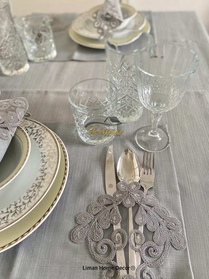 Liman Home Decor - Liman Online Sehzade Tafelkleed Set Met Placemat Grijs 34 Dlg