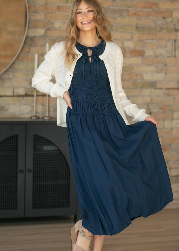 Shirred Front Tie Smocked Maxi Dress FF Dresses