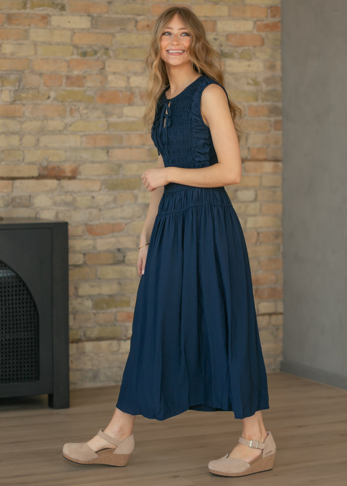 Shirred Front Tie Smocked Maxi Dress FF Dresses