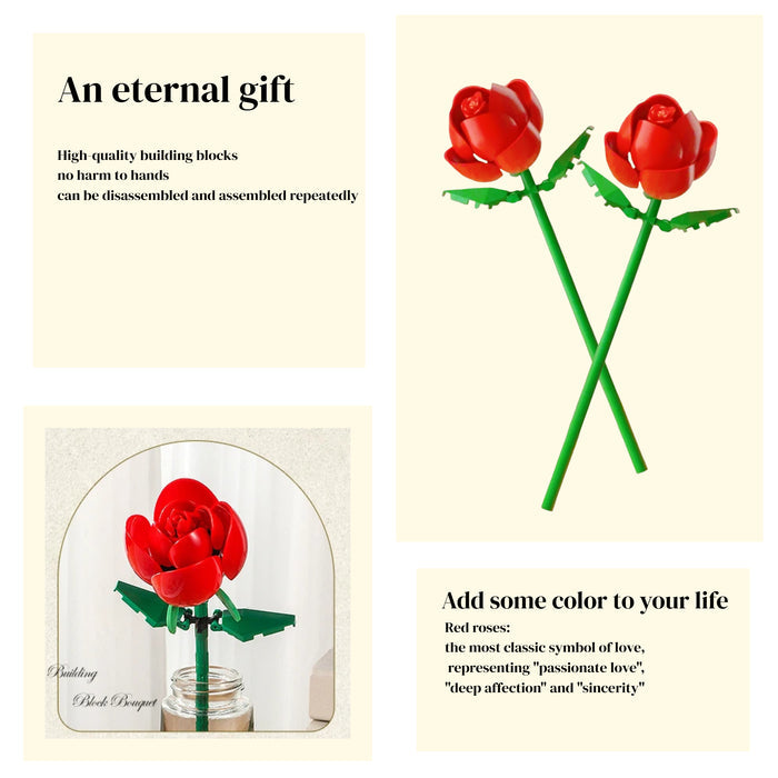 TRANSLIK Red Rose Building Blocks Roses Flowers Artificial Flowers Botanical Collection Blocks Kit