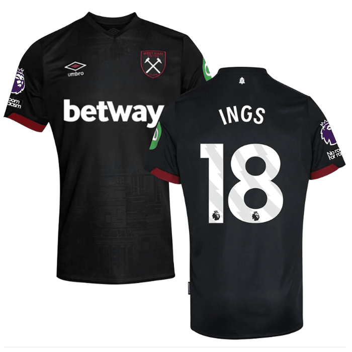 Umbro West Ham Danny Ings Away Jersey w/ EPL + No Room For Racism Patches 24/25 (Black) | SoccerWearhouse