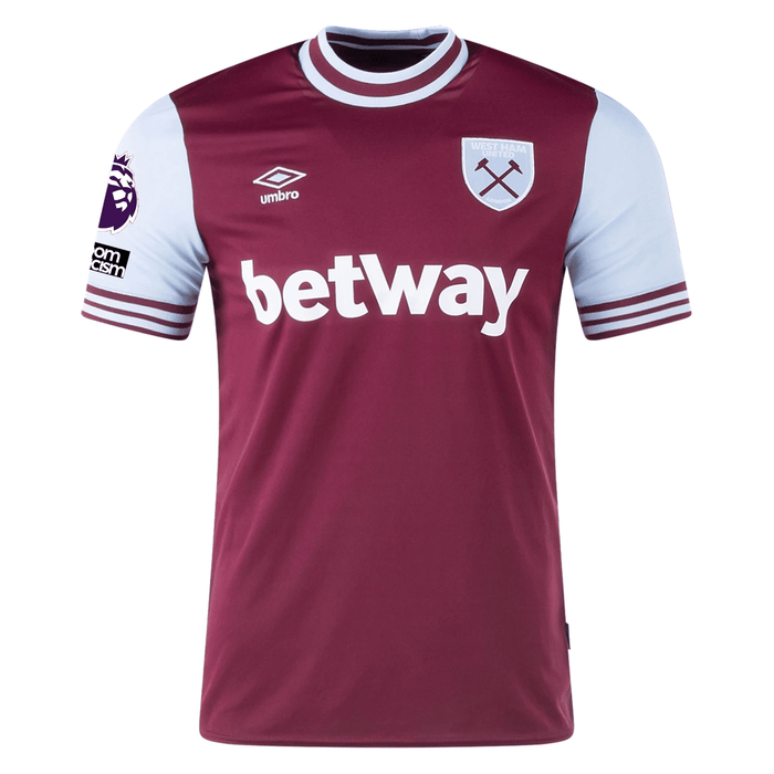 Umbro West Ham James Ward - Prowse Home Jersey w/ EPL + No Room For Racism Patches 24/25 (Maroon/Sky Blue) | SoccerWearhouse