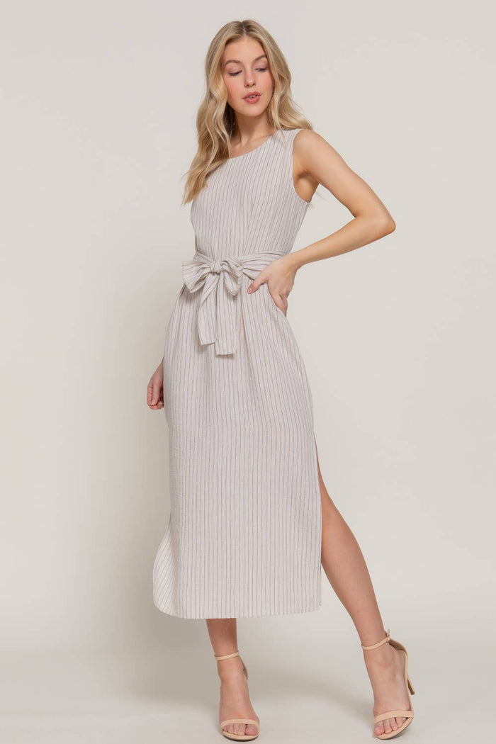 Waist Tie Stripe Linen Midi Dress