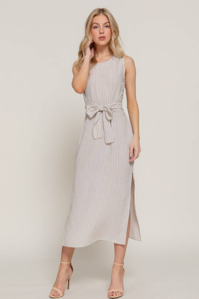 Waist Tie Stripe Linen Midi Dress